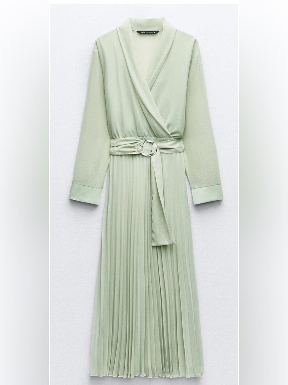 Zara Sage Green Pleated Wrap Maxi Dress with Belt